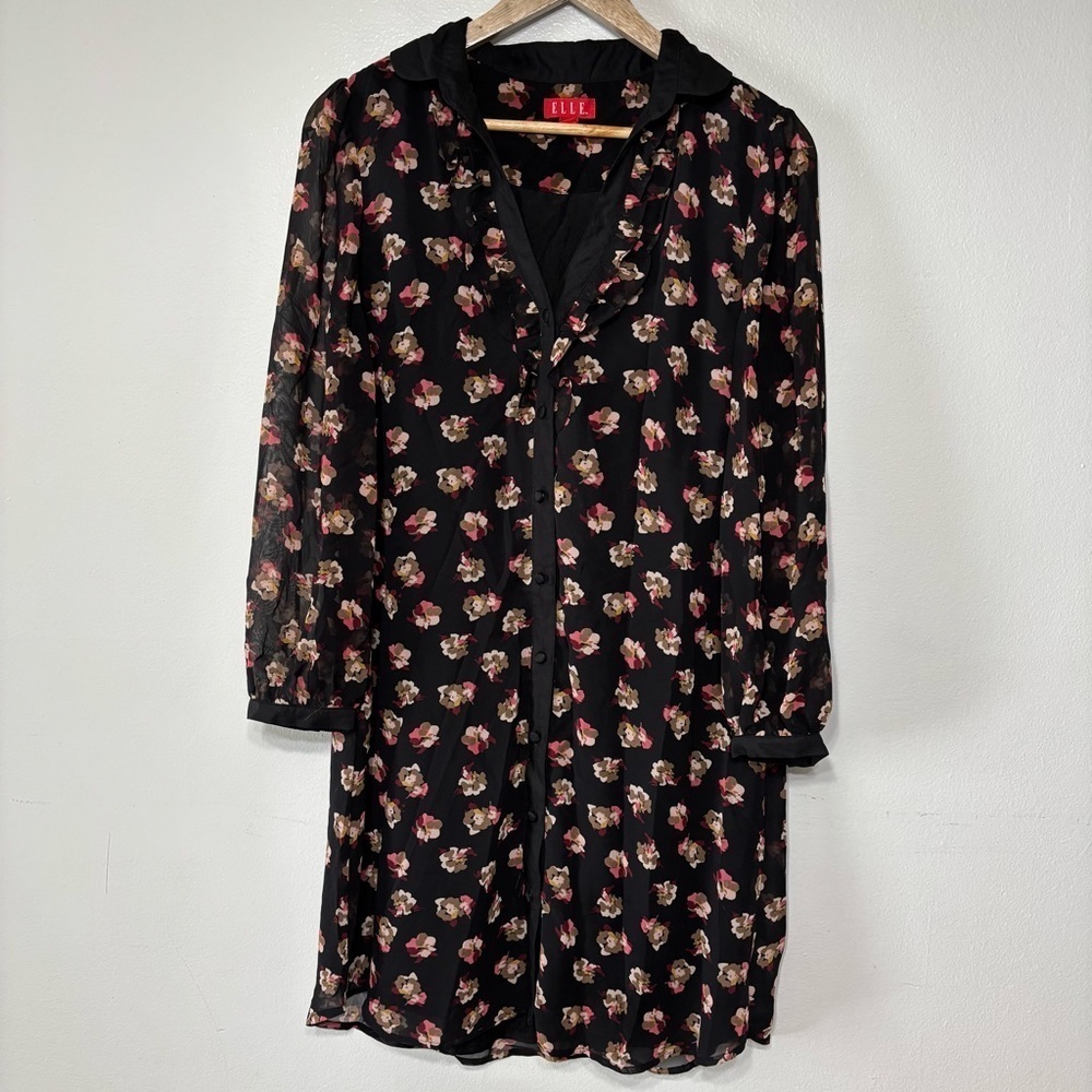 Elle Black Floral Print Lined Button Down Shirt Dress Size M